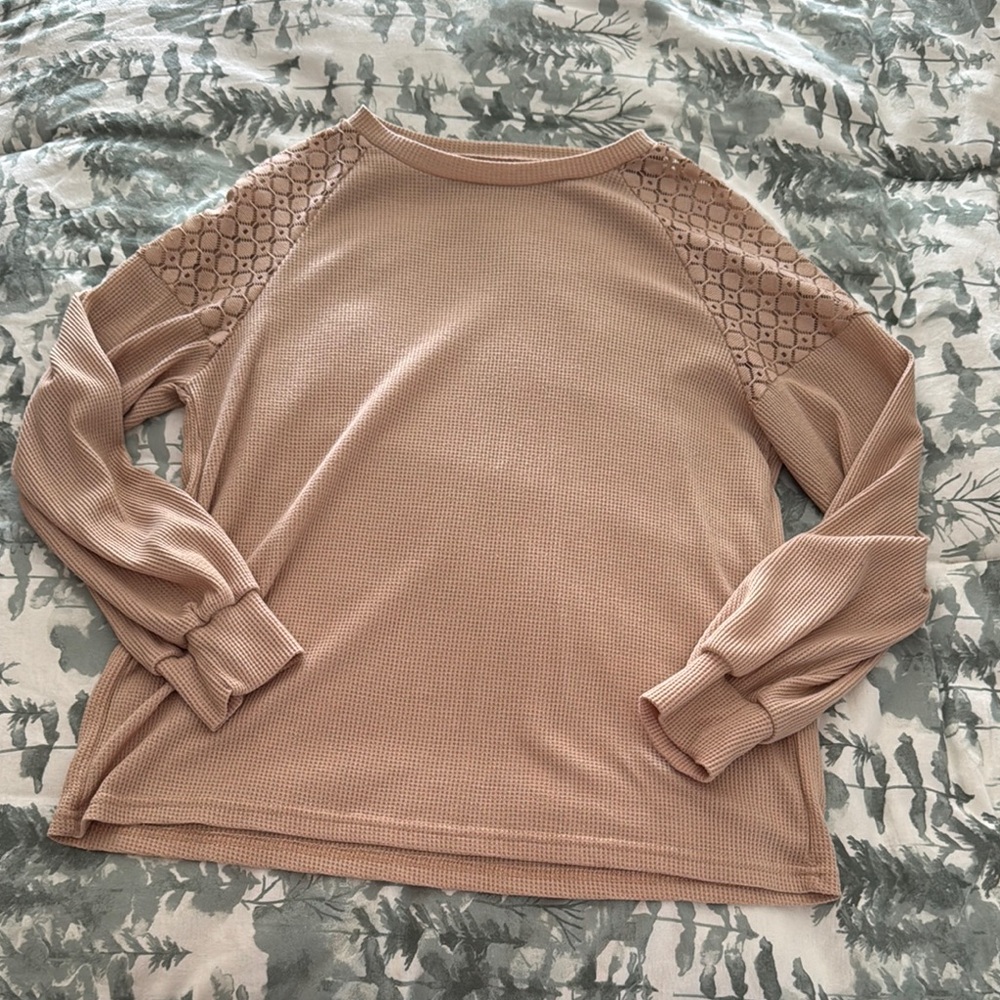 Beige Long Sleeve Top with Lace Detail